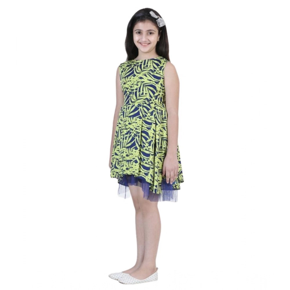HamariDookan Girl's Polyester Crepe &amp; Net Printed Sleeveless Dress (Yellow-Blue)
