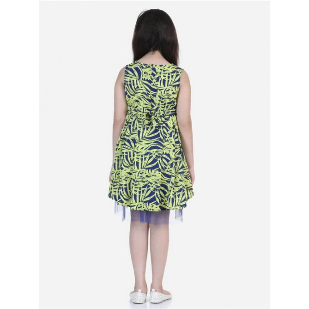 HamariDookan Girl's Polyester Crepe &amp; Net Printed Sleeveless Dress (Yellow-Blue)