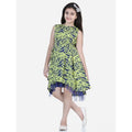 HamariDookan Girl's Polyester Crepe &amp; Net Printed Sleeveless Dress (Yellow-Blue)
