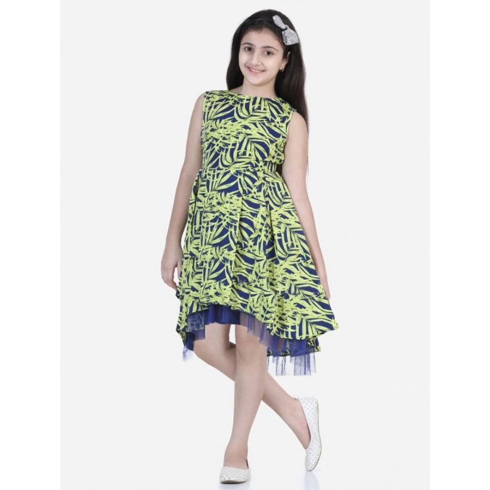 HamariDookan Girl's Polyester Crepe &amp; Net Printed Sleeveless Dress (Yellow-Blue)