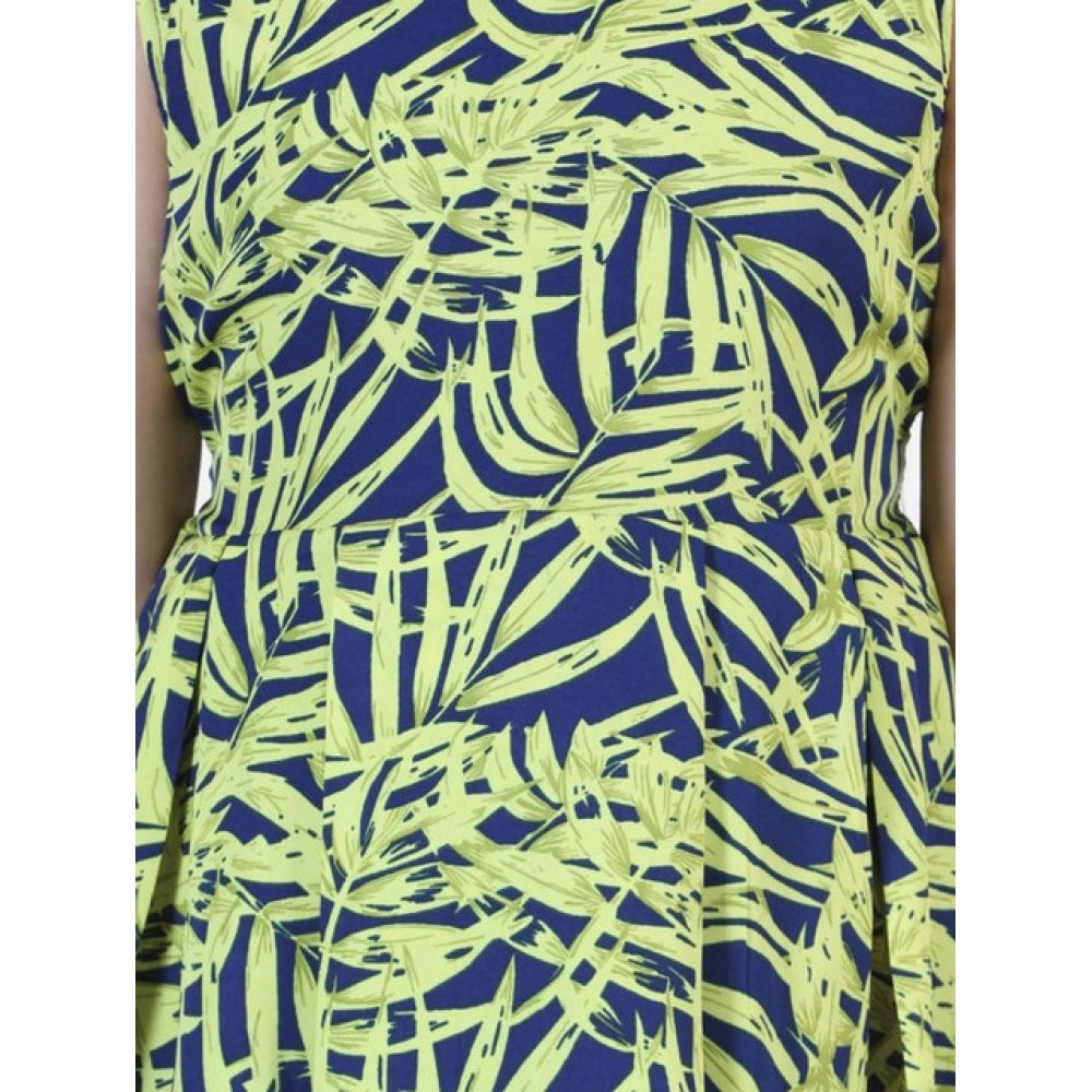 HamariDookan Girl's Polyester Crepe &amp; Net Printed Sleeveless Dress (Yellow-Blue)
