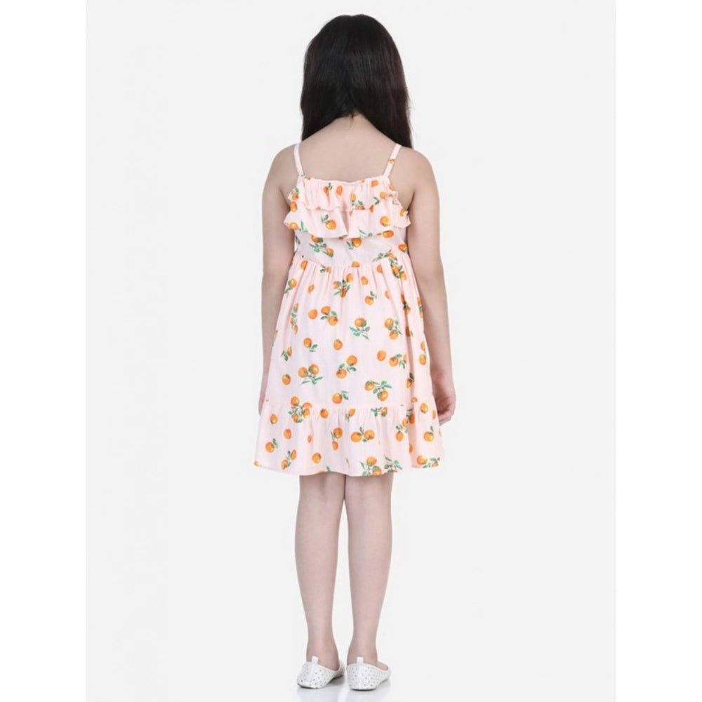 HamariDookan Girl's Rayon Printed Sleeveless Dress (Orange)