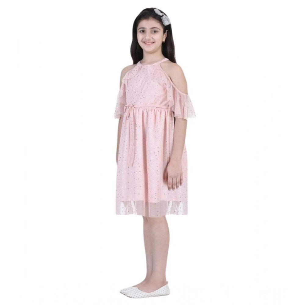 HamariDookan Girl's Net Printed Sleeveless Dress (Blush Pink)