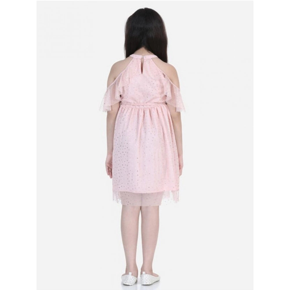 HamariDookan Girl's Net Printed Sleeveless Dress (Blush Pink)