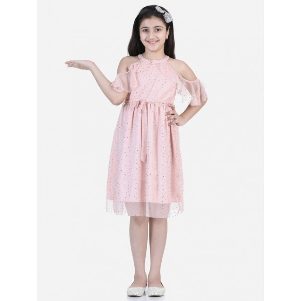 HamariDookan Girl's Net Printed Sleeveless Dress (Blush Pink)