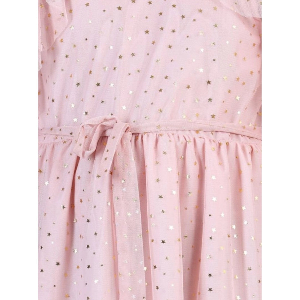 HamariDookan Girl's Net Printed Sleeveless Dress (Blush Pink)