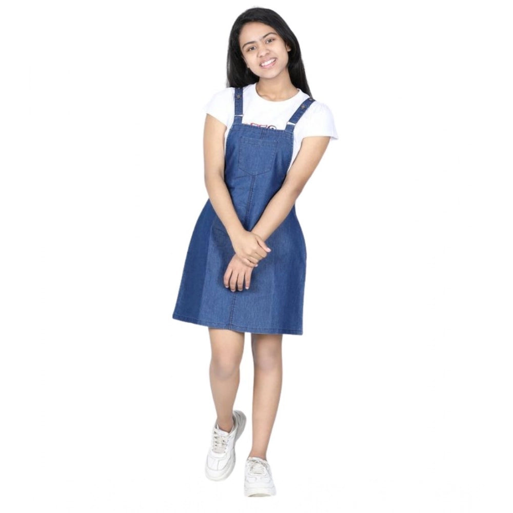 HamariDookan Girl's Denim Solid Sleeveless Dress (Blue)