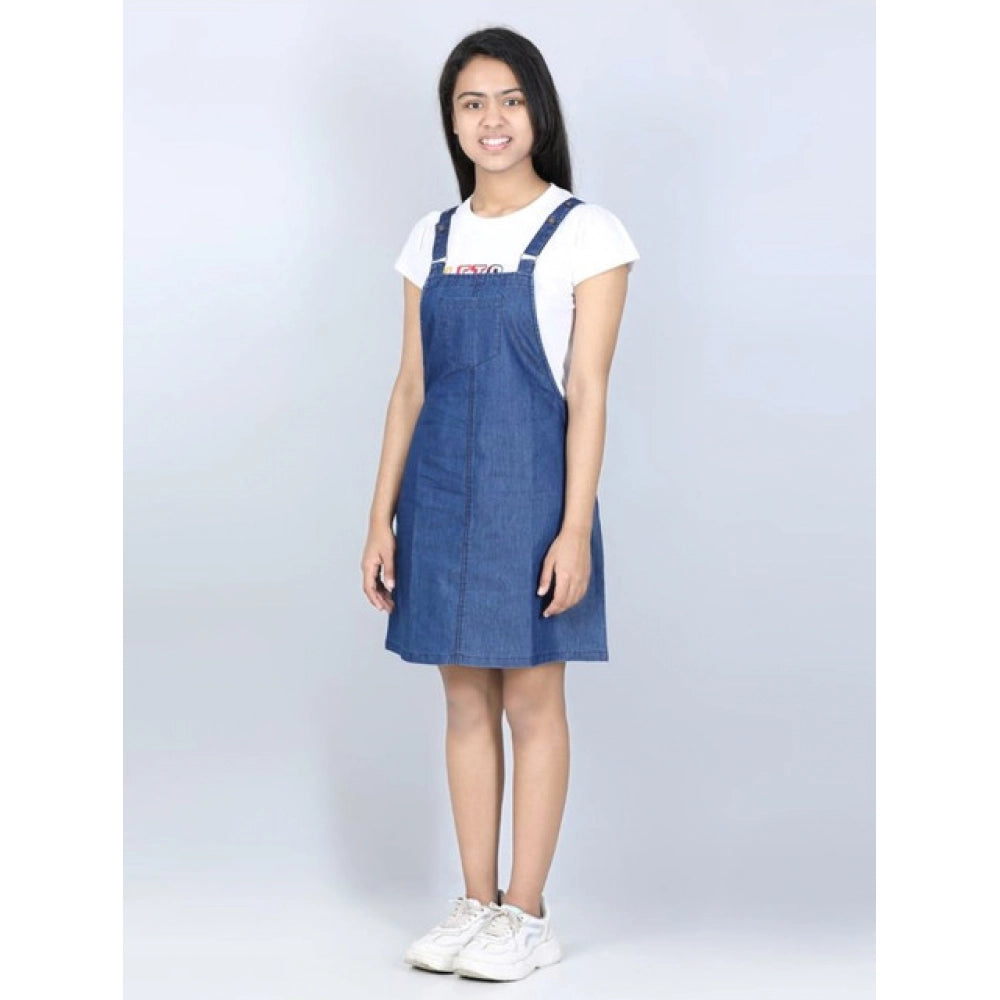 HamariDookan Girl's Denim Solid Sleeveless Dress (Blue)