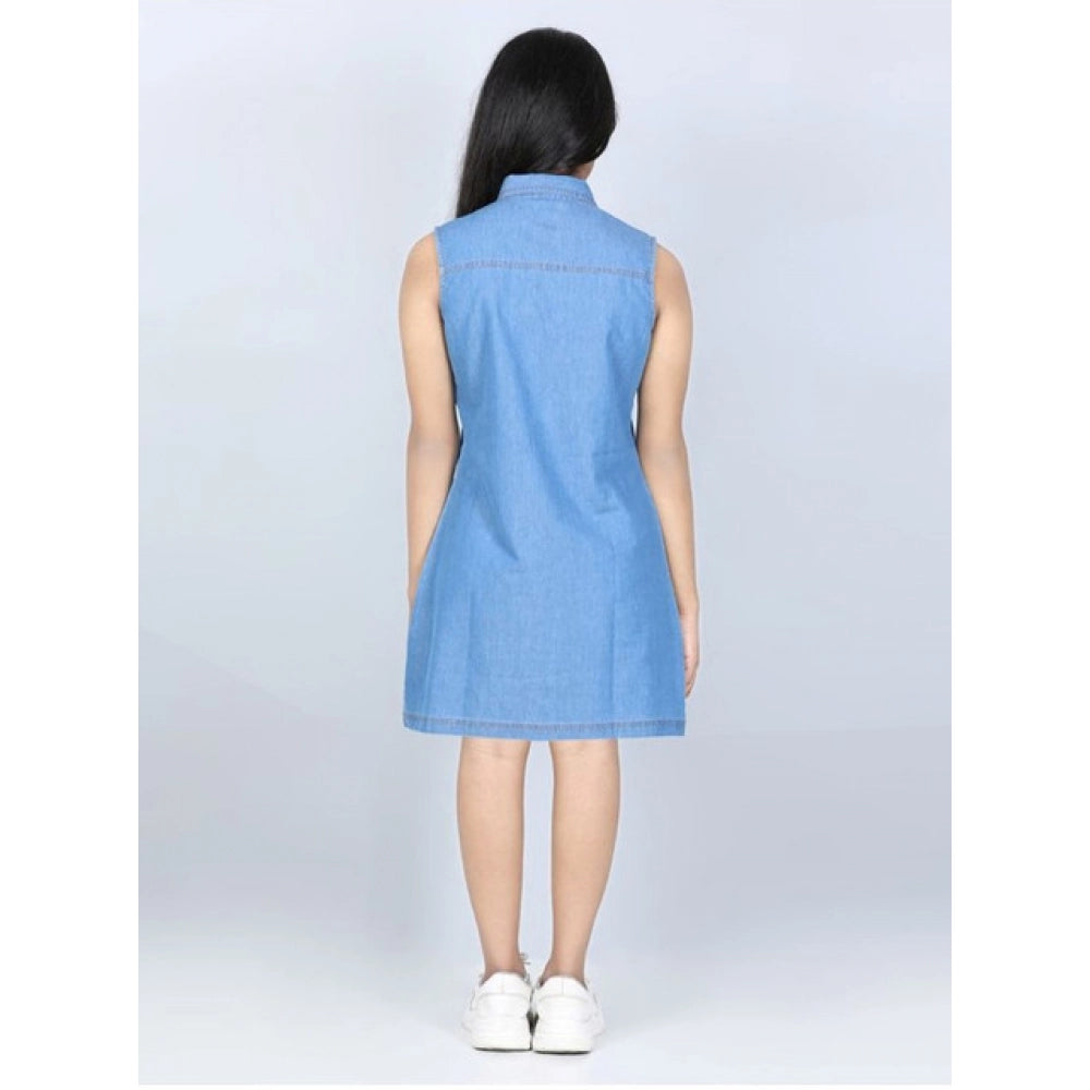 HamariDookan Girl's Denim Solid Cold Shoulder Dress (Blue)