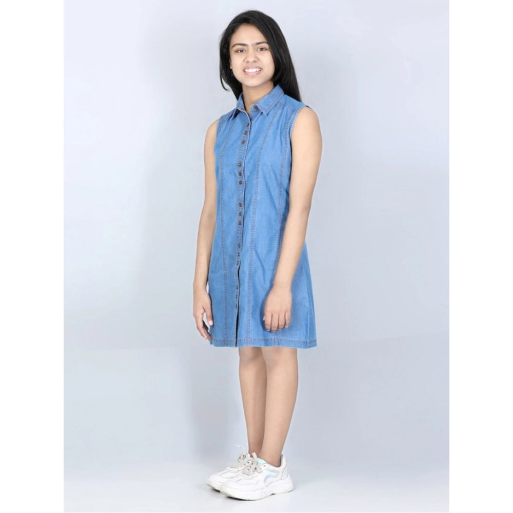 HamariDookan Girl's Denim Solid Cold Shoulder Dress (Blue)