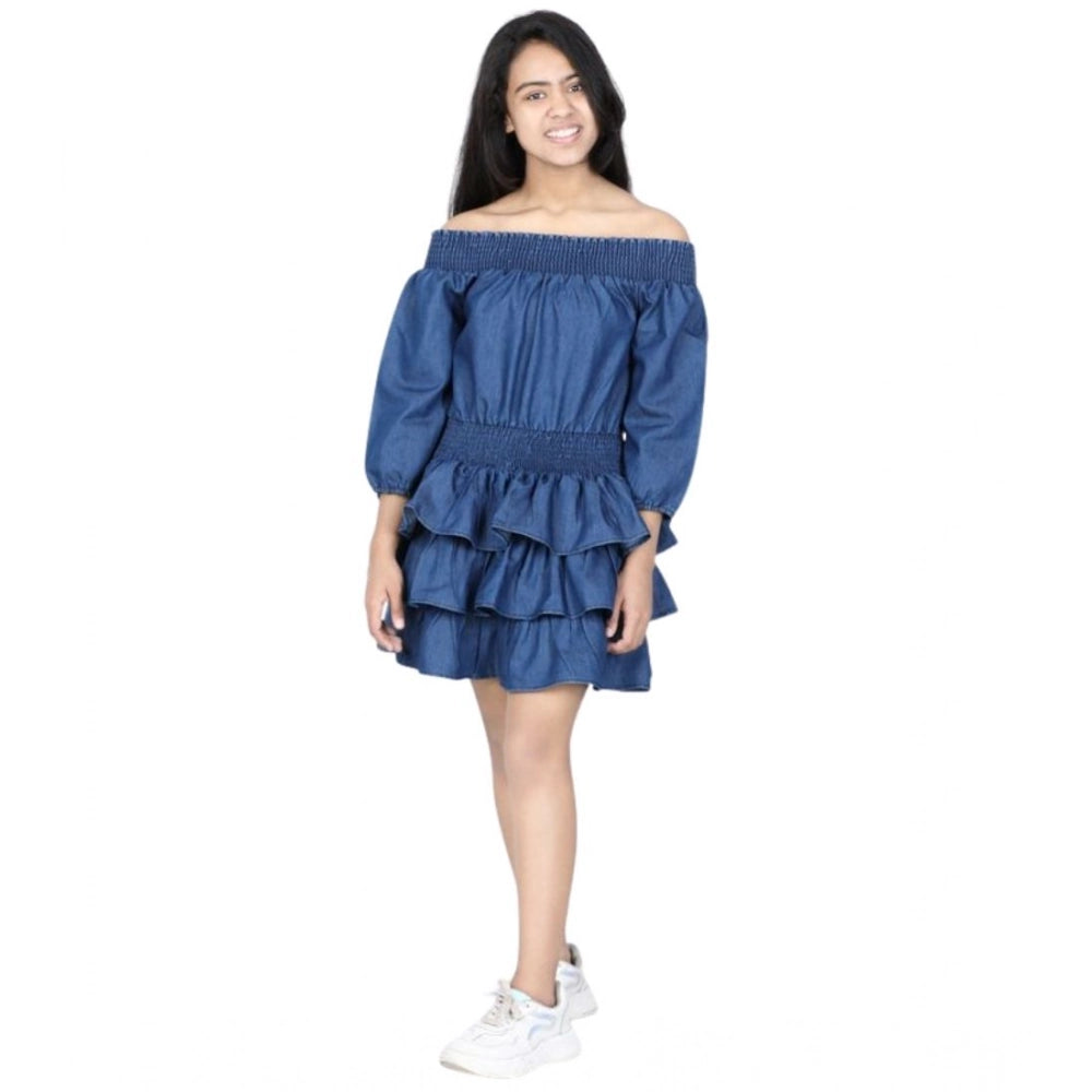HamariDookan Girl's Denim Solid Off Shoulder Dress (Blue)