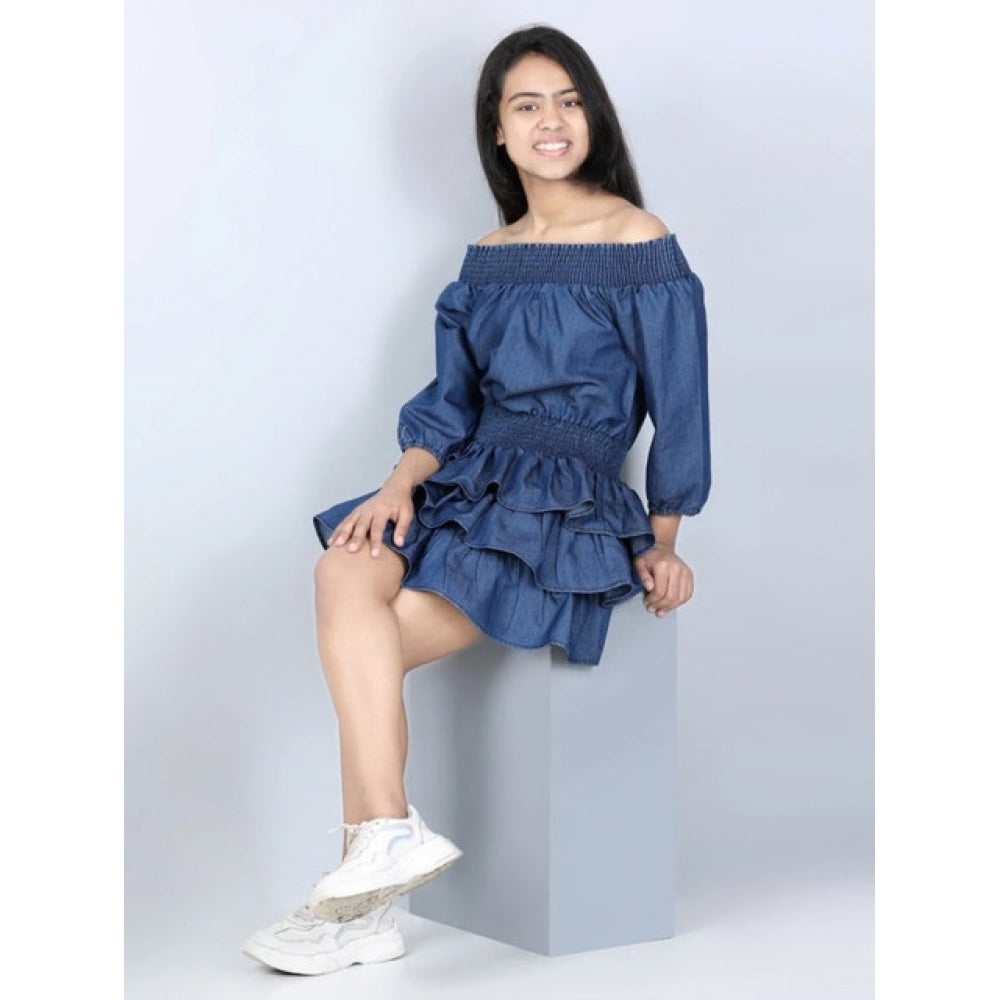 HamariDookan Girl's Denim Solid Off Shoulder Dress (Blue)
