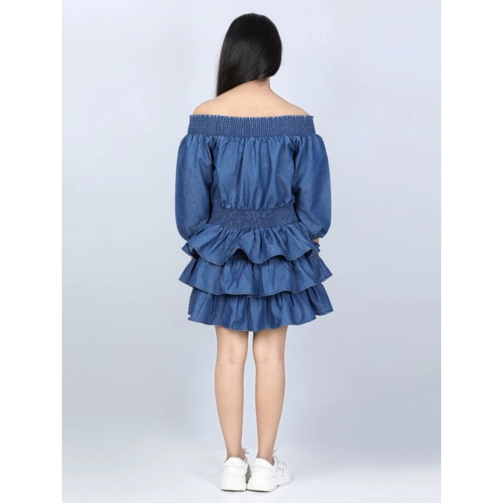 HamariDookan Girl's Denim Solid Off Shoulder Dress (Blue)