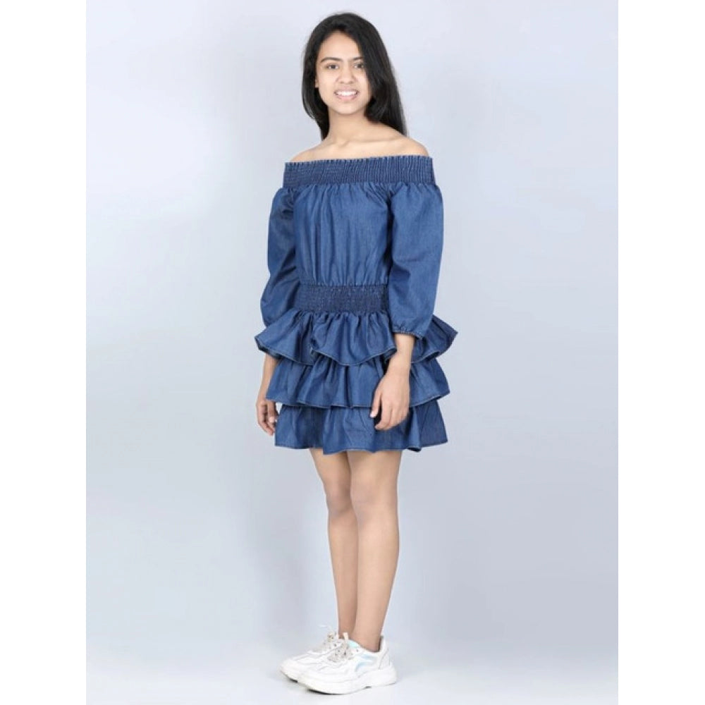 HamariDookan Girl's Denim Solid Off Shoulder Dress (Blue)