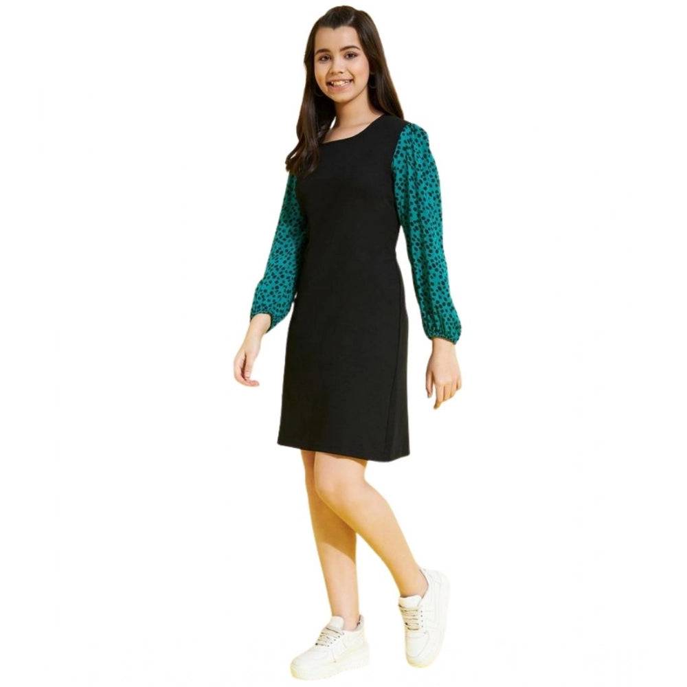 HamariDookan Girl's Polyester Printed Long Sleeves Dress (Black-Green)
