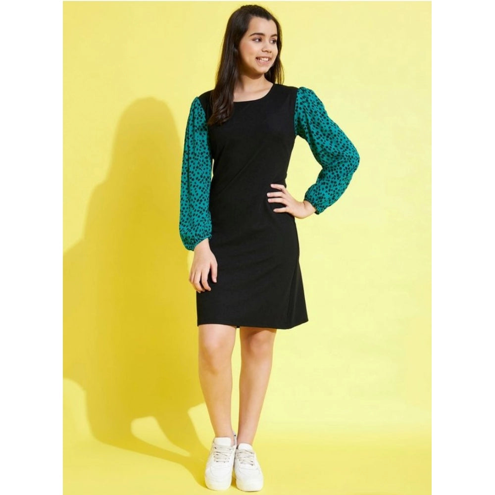 HamariDookan Girl's Polyester Printed Long Sleeves Dress (Black-Green)