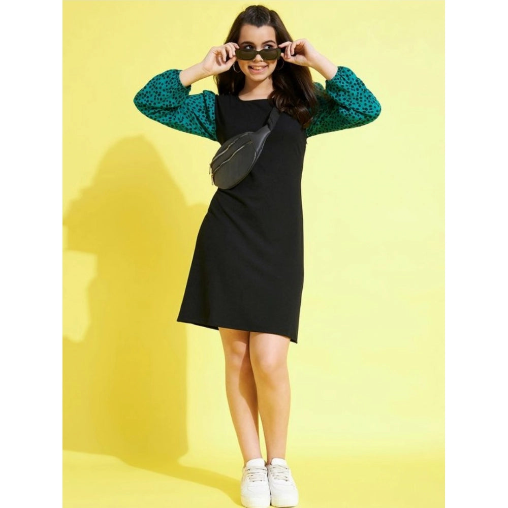 HamariDookan Girl's Polyester Printed Long Sleeves Dress (Black-Green)
