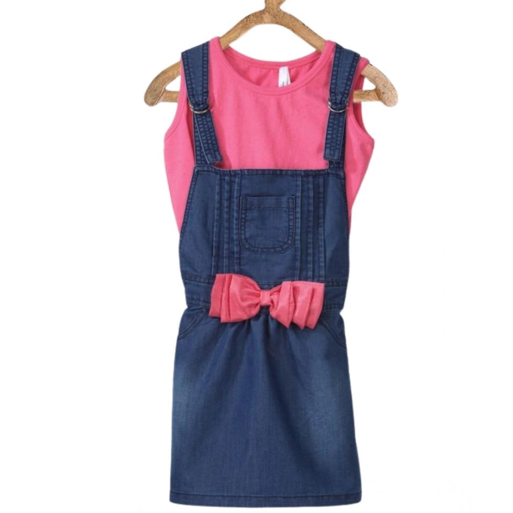 HamariDookan Girl's Denim &amp; Cotton Bow Sleeveless Dungaree (Pink)