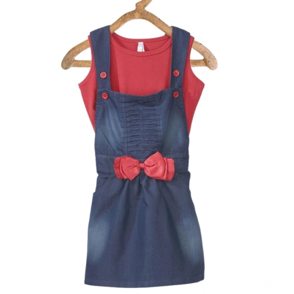 HamariDookan Girl's Denim &amp; Cotton Bow Sleeveless Dungaree (Red)