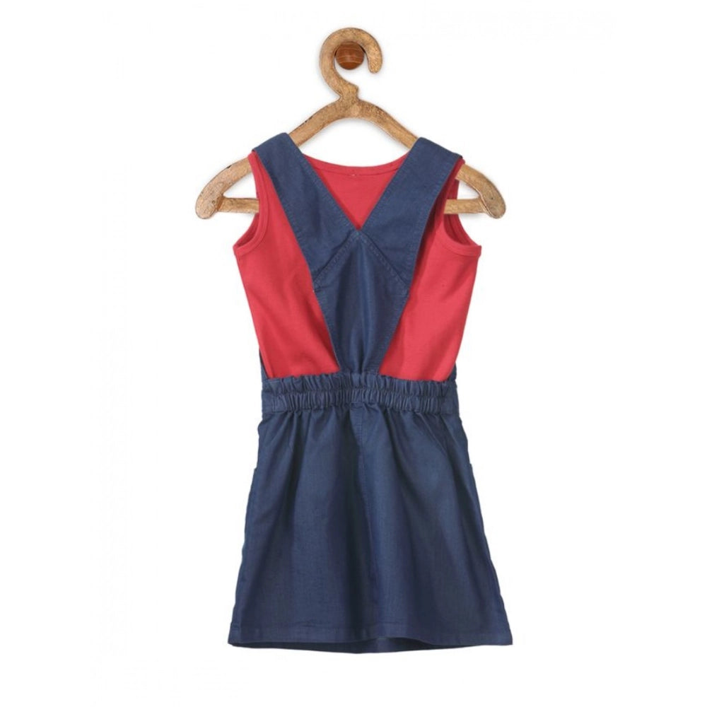 HamariDookan Girl's Denim &amp; Cotton Bow Sleeveless Dungaree (Red)