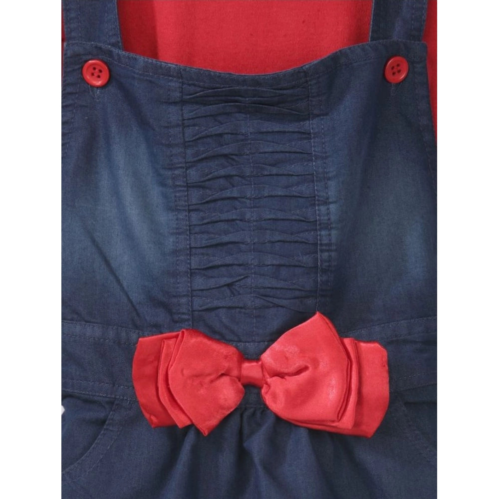 HamariDookan Girl's Denim &amp; Cotton Bow Sleeveless Dungaree (Red)