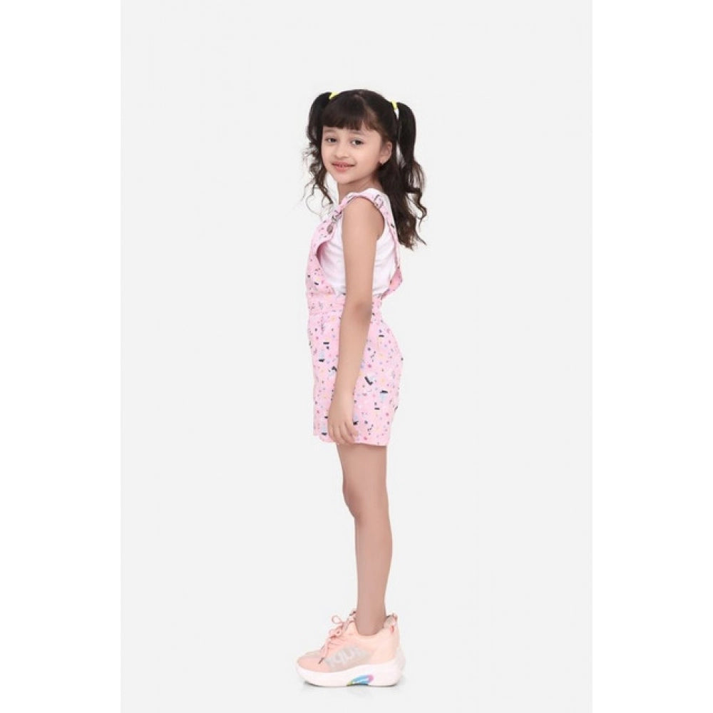 HamariDookan Girl's Inner- Cotton Printed Sleeveless Dungaree (Light Pink)