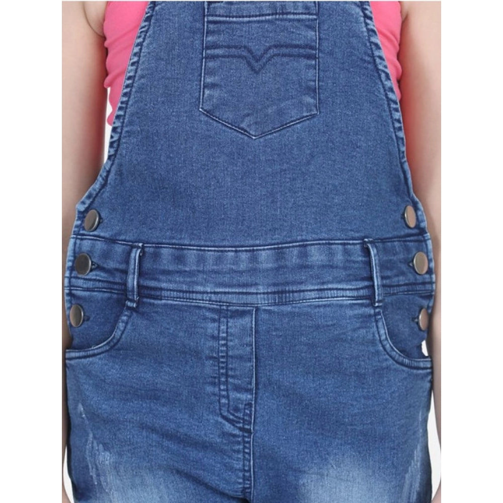 HamariDookan Girl's Denim Washed Buttoned Dungaree (Blue)
