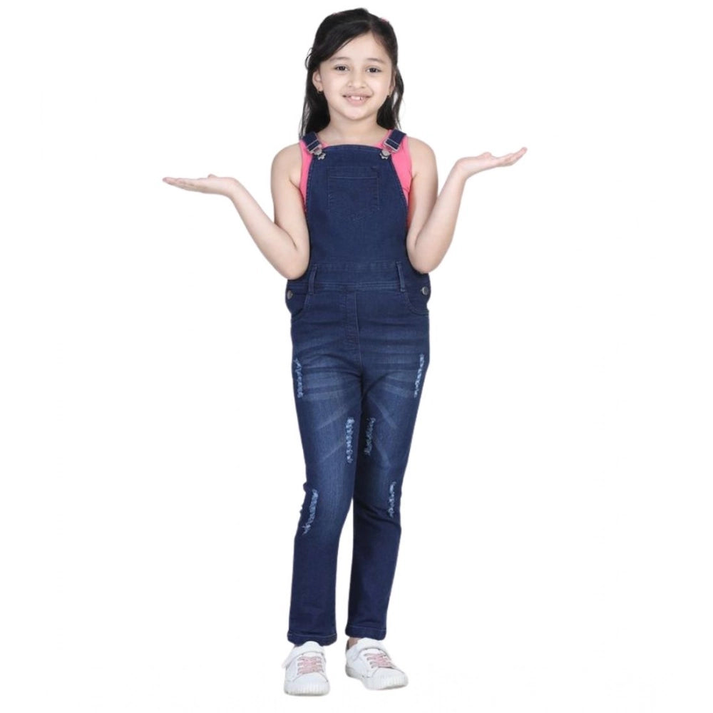 HamariDookan Girl's Denim Distressed Buttoned Dungaree (Blue)