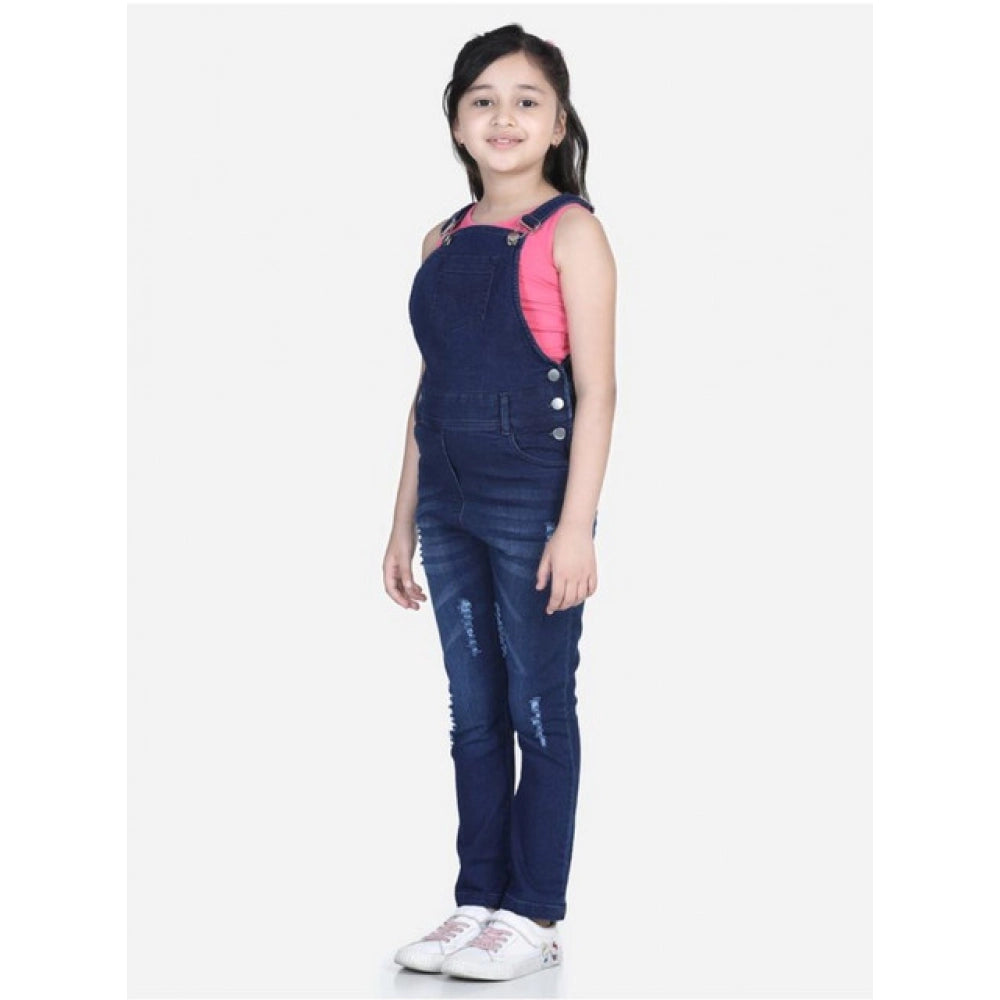 HamariDookan Girl's Denim Distressed Buttoned Dungaree (Blue)