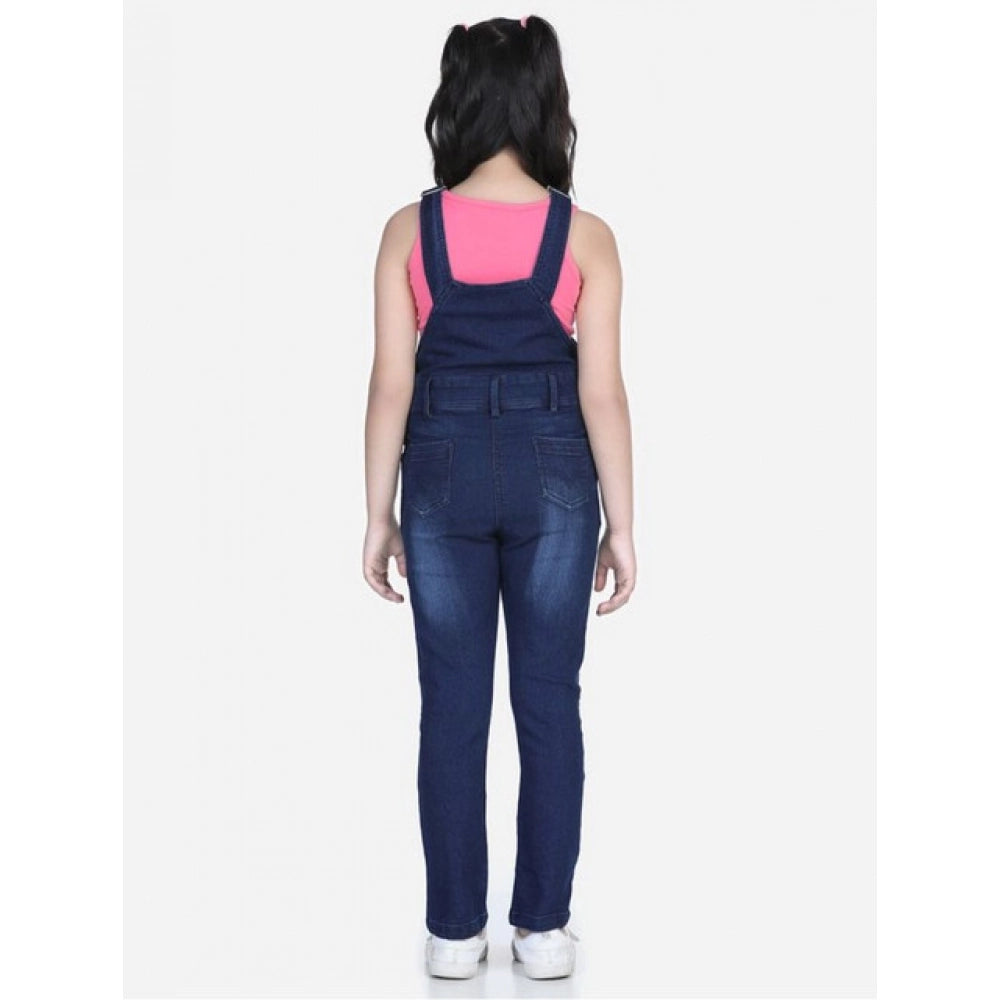 HamariDookan Girl's Denim Distressed Buttoned Dungaree (Blue)