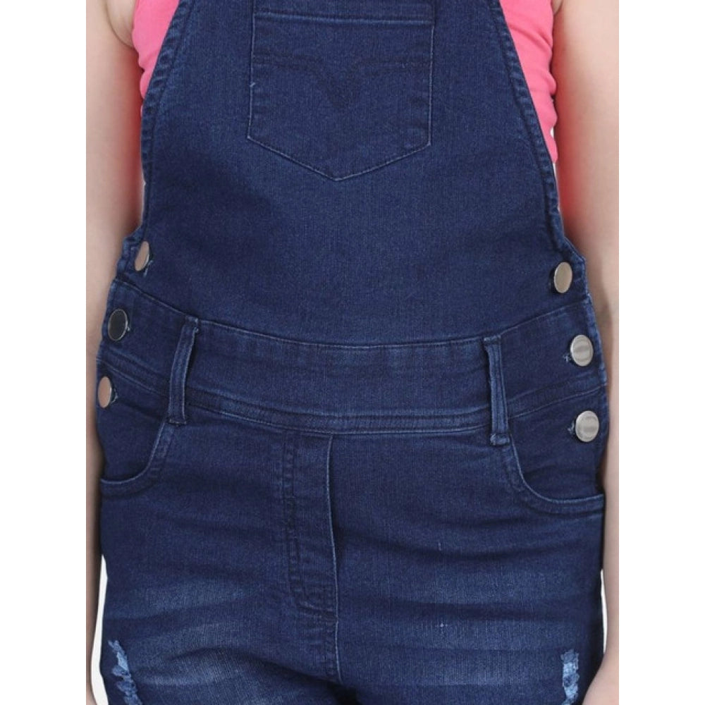 HamariDookan Girl's Denim Distressed Buttoned Dungaree (Blue)
