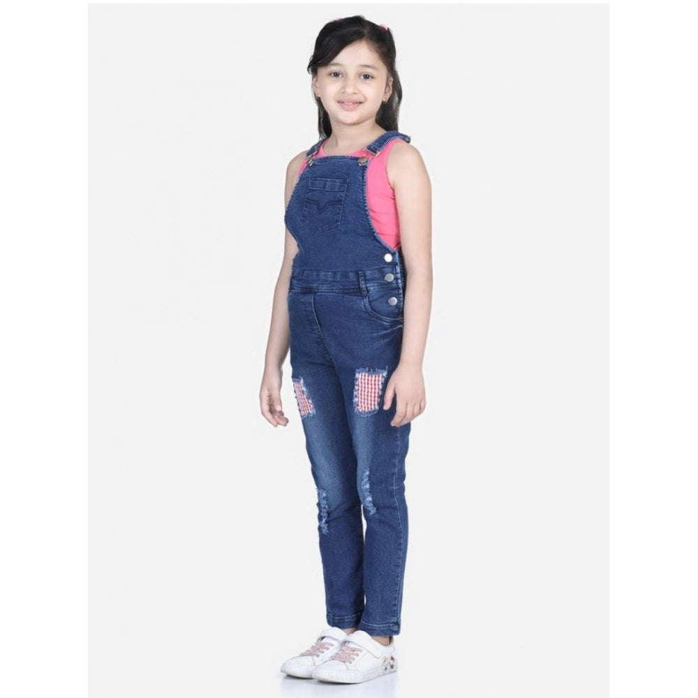 HamariDookan Girl's Denim Patch Work Buttoned Dungaree (Blue)