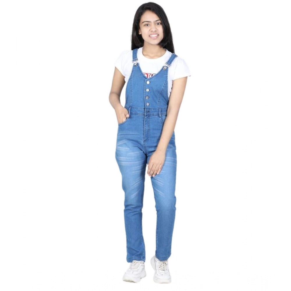 HamariDookan Girl's Denim Solid Buttoned Dungaree (Blue)