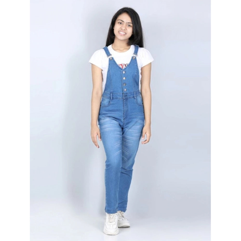 HamariDookan Girl's Denim Solid Buttoned Dungaree (Blue)