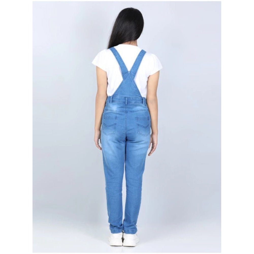 HamariDookan Girl's Denim Solid Buttoned Dungaree (Blue)
