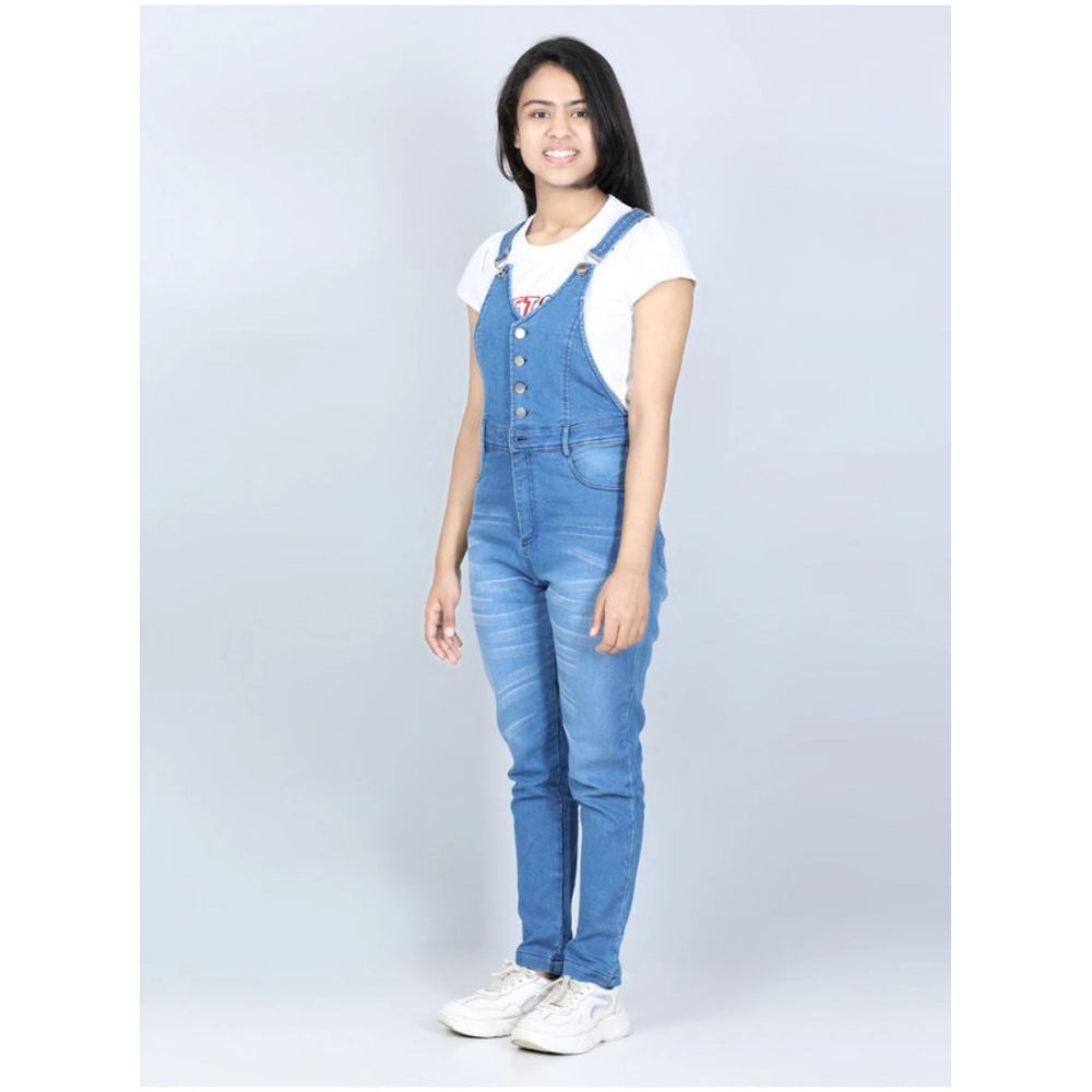 HamariDookan Girl's Denim Solid Buttoned Dungaree (Blue)