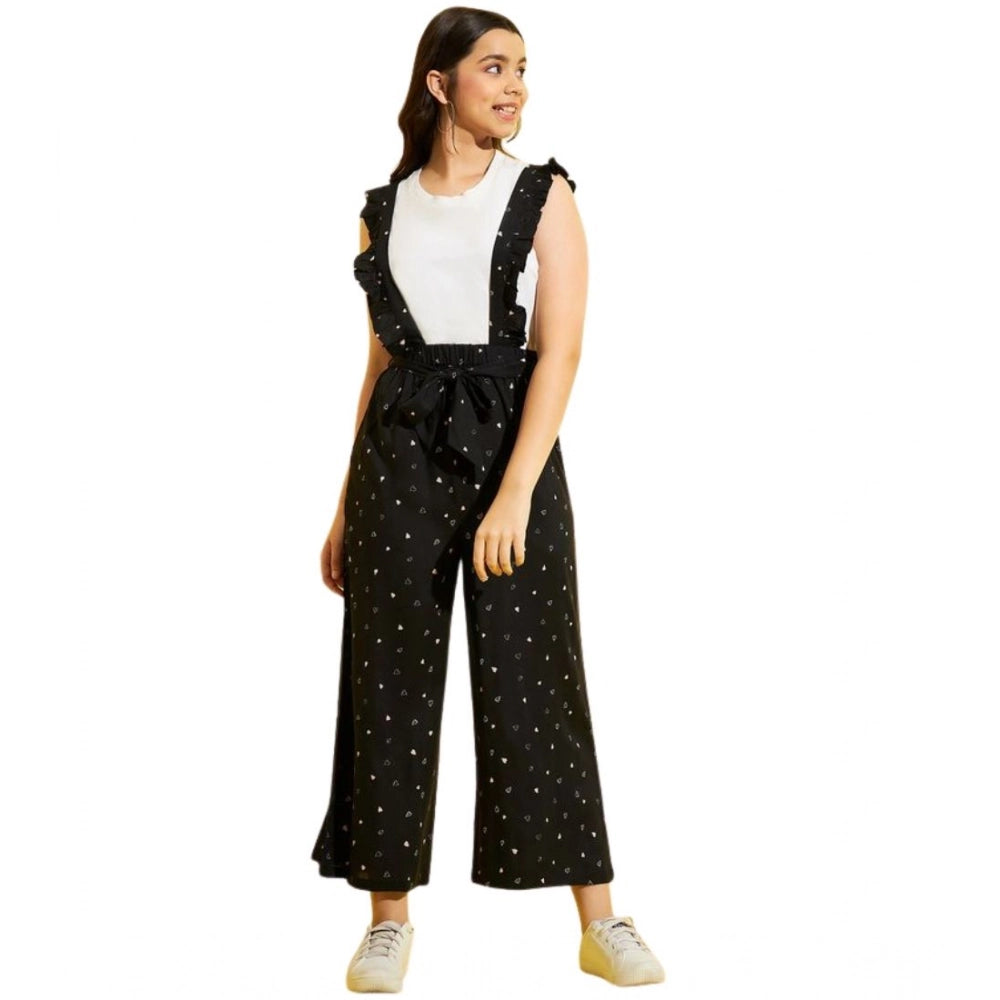 HamariDookan Girl's Cotton Printed Sleeveless Dungaree (Black-White)
