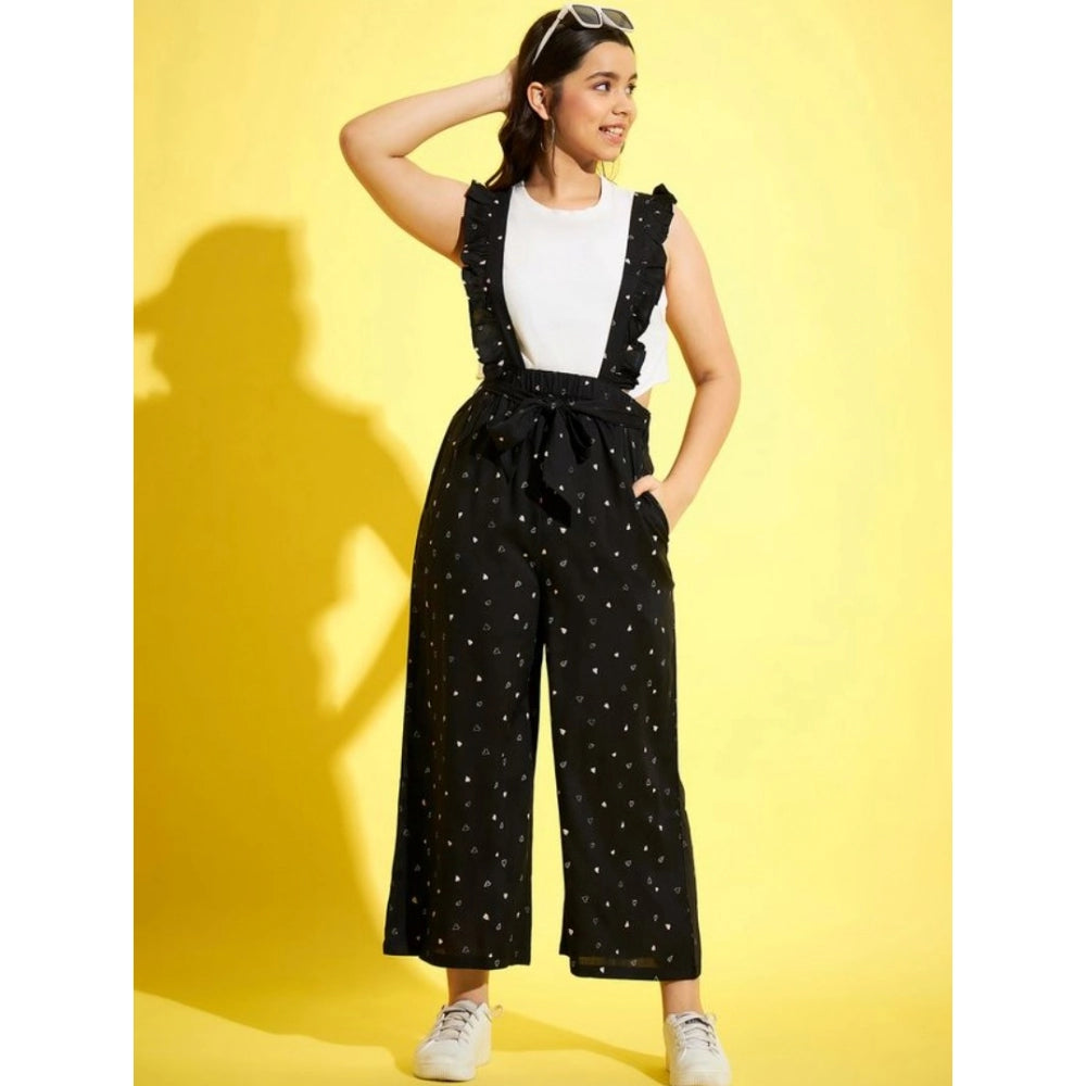 HamariDookan Girl's Cotton Printed Sleeveless Dungaree (Black-White)