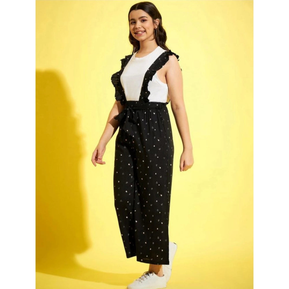 HamariDookan Girl's Cotton Printed Sleeveless Dungaree (Black-White)
