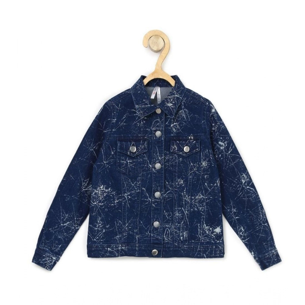 HamariDookan Girl's Denim Washed Flutter Jacket with Crinkle (Blue)