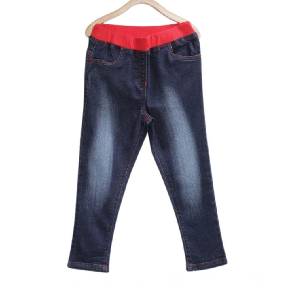 HamariDookan Girl's Denim Ribbed Elasticated Jeans (Red-Blue)