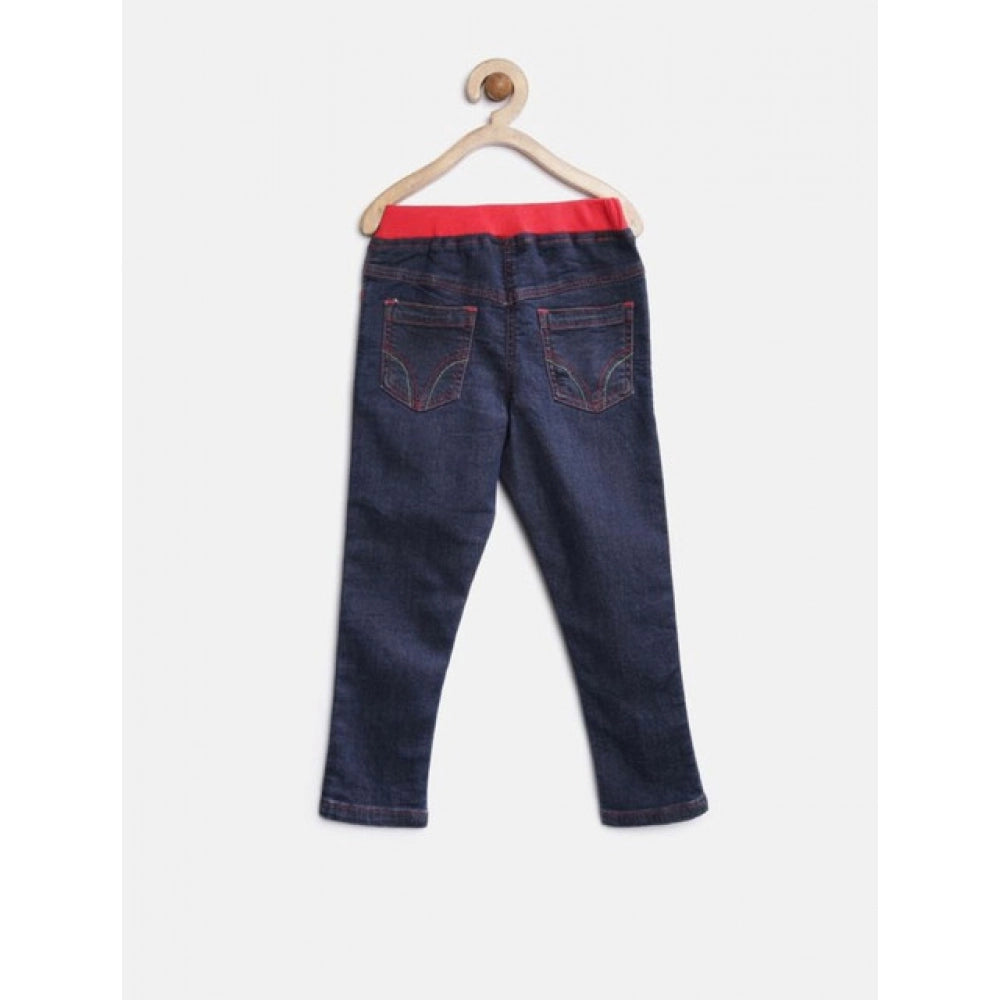 HamariDookan Girl's Denim Ribbed Elasticated Jeans (Red-Blue)
