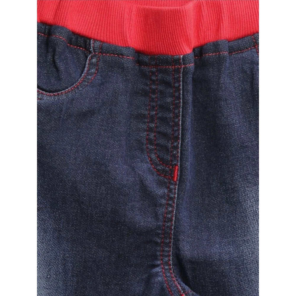 HamariDookan Girl's Denim Ribbed Elasticated Jeans (Red-Blue)