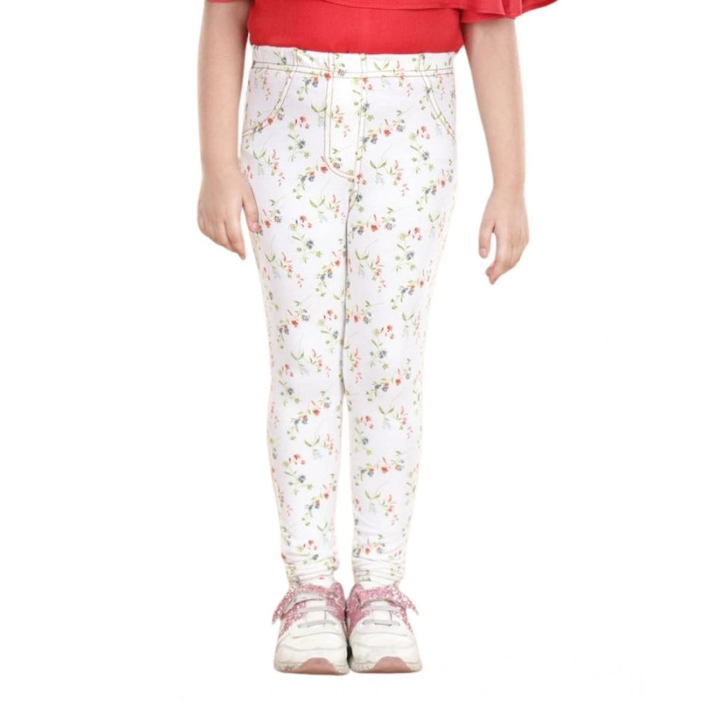 HamariDookan Girl's Cotton Lycra Floral Elasticated Jeggings (White-Green)