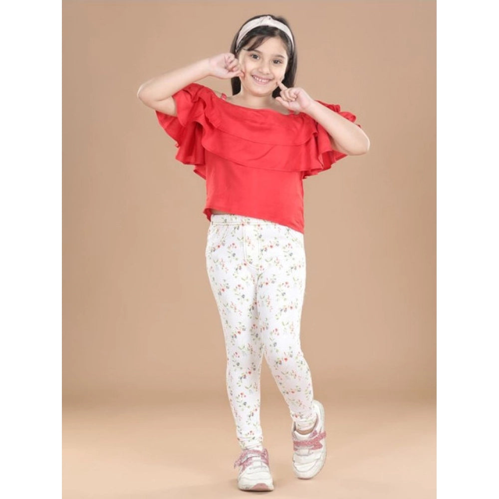 HamariDookan Girl's Cotton Lycra Floral Elasticated Jeggings (White-Green)