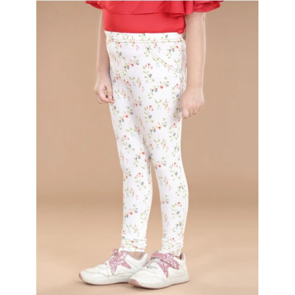 HamariDookan Girl's Cotton Lycra Floral Elasticated Jeggings (White-Green)