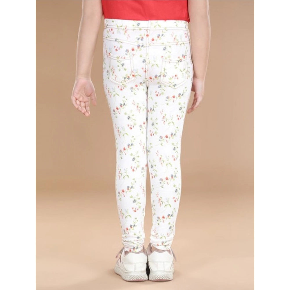 HamariDookan Girl's Cotton Lycra Floral Elasticated Jeggings (White-Green)