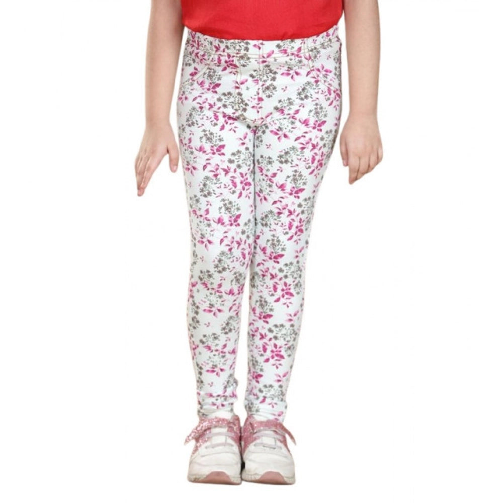HamariDookan Girl's Cotton Lycra Floral Elasticated Jeggings (White-Pink)