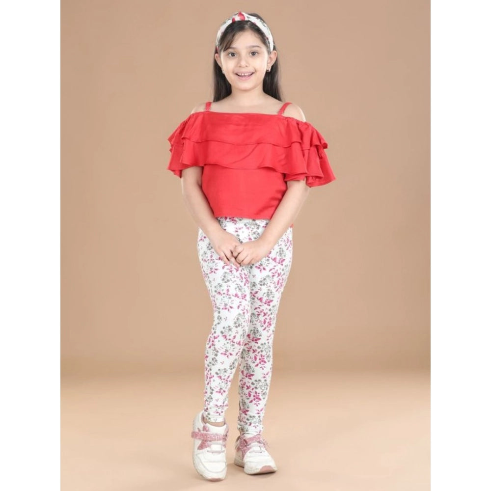 HamariDookan Girl's Cotton Lycra Floral Elasticated Jeggings (White-Pink)