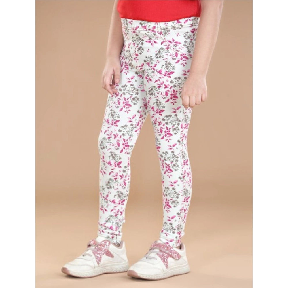 HamariDookan Girl's Cotton Lycra Floral Elasticated Jeggings (White-Pink)
